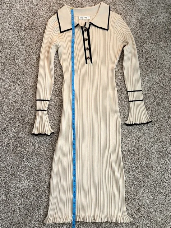 Grace Karin Cream Ribbed Polo-Collar Midi Dress with Contrast Trim - Picture 4 of 6